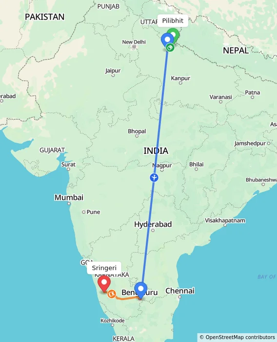 Route map showing distance and travel time from Pilibhit, India to Sringeri, India