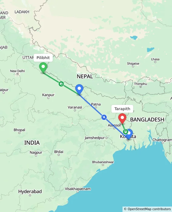 Route map showing distance and travel time from Pilibhit, India to Tarapith, India