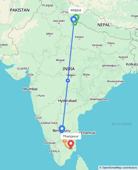 Route map showing distance and travel time from Pilibhit, India to Thanjavur, India
