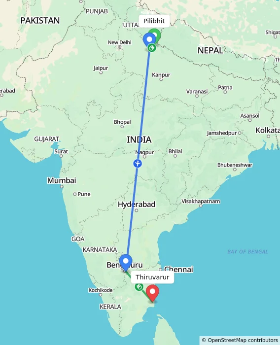 Route map showing distance and travel time from Pilibhit, India to Thiruvarur, India
