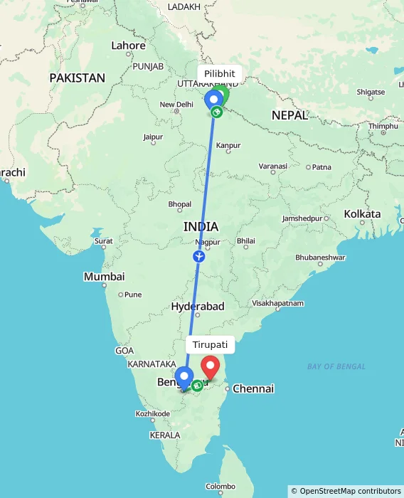 Route map showing distance and travel time from Pilibhit, India to Tirupati, India