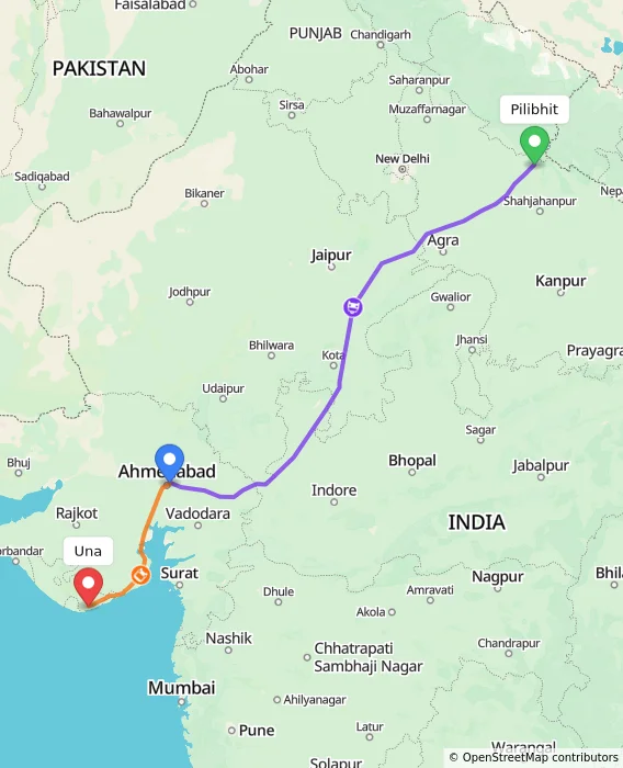 Route map showing distance and travel time from Pilibhit, India to Una, India