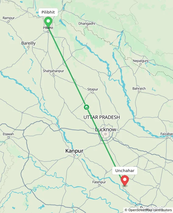 Route map showing distance and travel time from Pilibhit, India to Unchahar, India