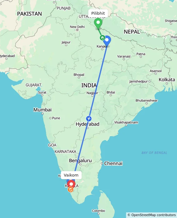 Route map showing distance and travel time from Pilibhit, India to Vaikom, India