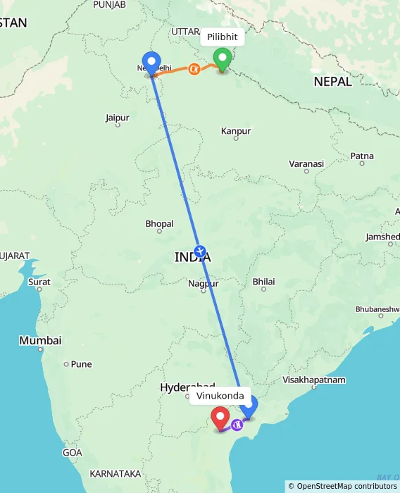 Route map showing distance and travel time from Pilibhit, India to Vinukonda, India
