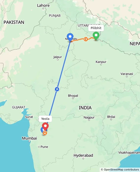 Route map showing distance and travel time from Pilibhit, India to Yeola, India