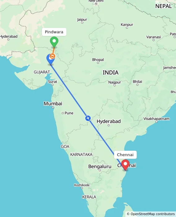 Route map showing distance and travel time from Pindwara, India to Chennai, India