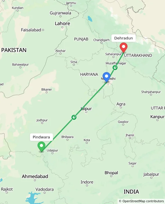 Route map showing distance and travel time from Pindwara, India to Dehradun, India
