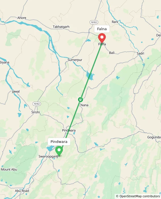 Route map showing distance and travel time from Pindwara, India to Falna, India