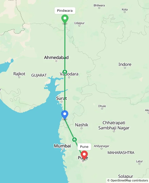 Route map showing distance and travel time from Pindwara, India to Pune, India