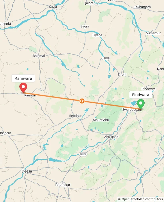 Route map showing distance and travel time from Pindwara, India to Raniwara, India