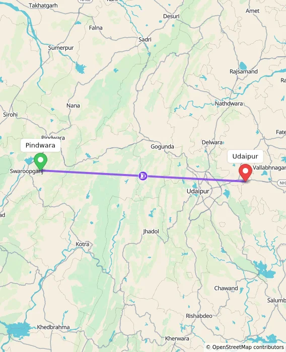 Route map showing distance and travel time from Pindwara, India to Udaipur, India