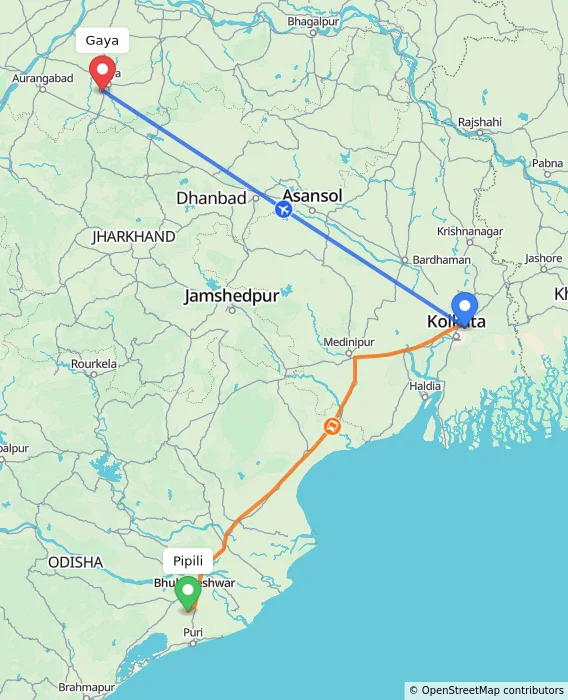 Route map showing distance and travel time from Pipili, India to Gaya, India