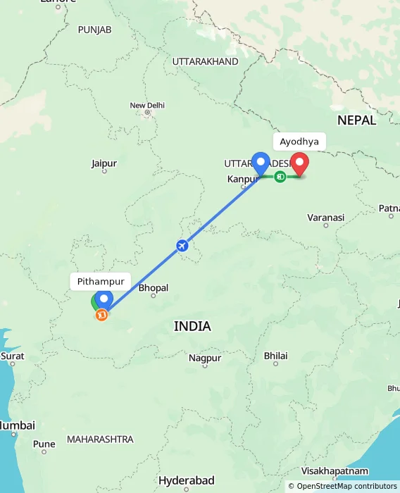 Route map showing distance and travel time from Pithampur, India to Ayodhya, India