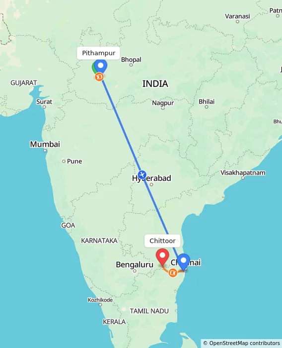 Route map showing distance and travel time from Pithampur, India to Chittoor, India
