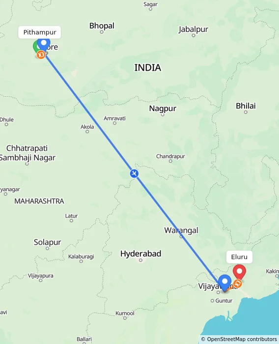 Route map showing distance and travel time from Pithampur, India to Eluru, India