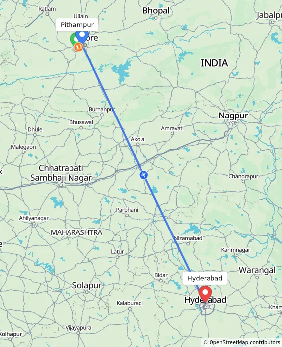Route map showing distance and travel time from Pithampur, India to Hyderabad, India