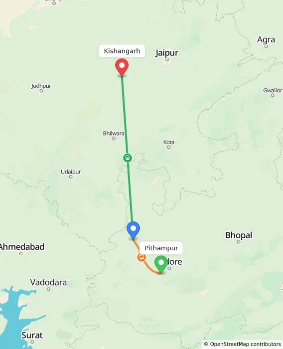 Route map showing distance and travel time from Pithampur, India to Kishangarh, India