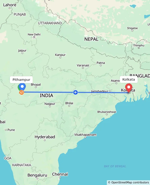 Route map showing distance and travel time from Pithampur, India to Kolkata, India