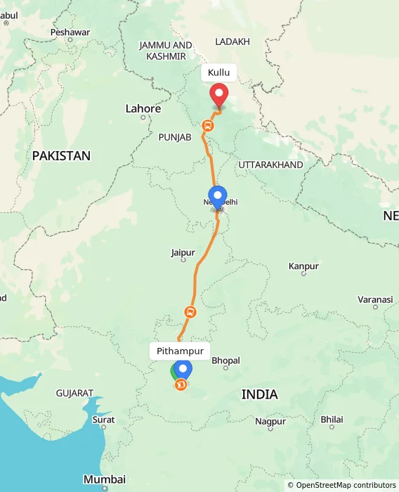 Route map showing distance and travel time from Pithampur, India to Kullu, India