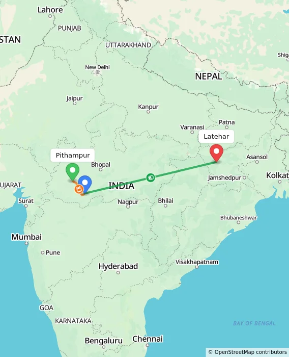 Route map showing distance and travel time from Pithampur, India to Latehar, India