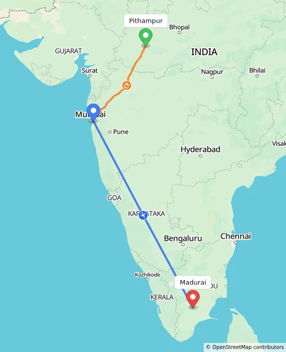 Route map showing distance and travel time from Pithampur, India to Madurai, India