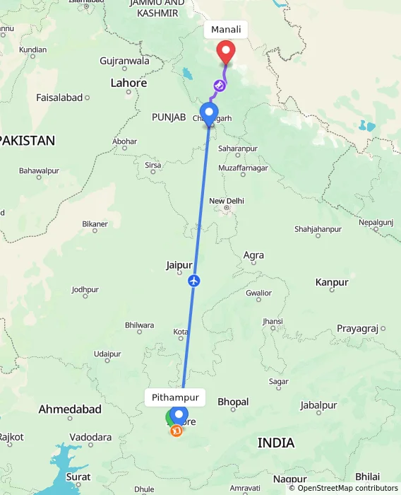 Route map showing distance and travel time from Pithampur, India to Manali, India
