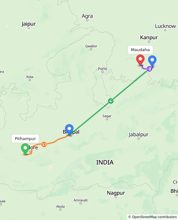 Route map showing distance and travel time from Pithampur, India to Maudaha, India