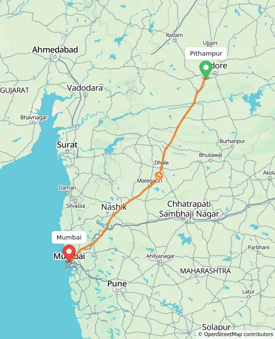 Route map showing distance and travel time from Pithampur, India to Mumbai, India