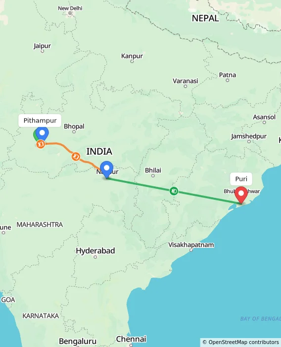 Route map showing distance and travel time from Pithampur, India to Puri, India