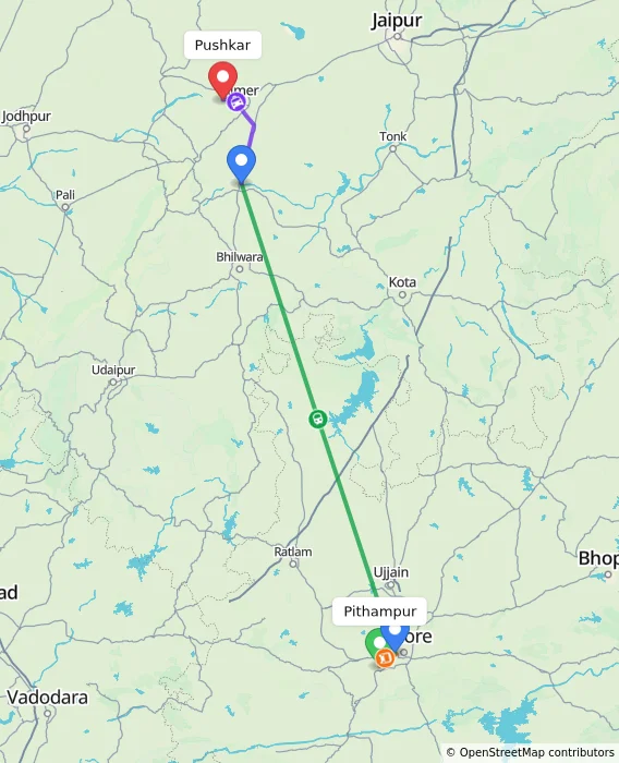 Route map showing distance and travel time from Pithampur, India to Pushkar, India