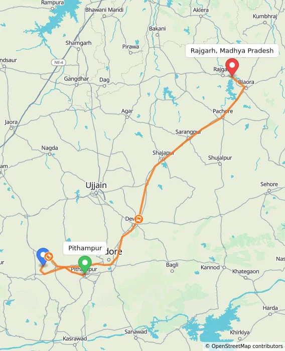 Route map showing distance and travel time from Pithampur, India to Rajgarh, Madhya Pradesh, India