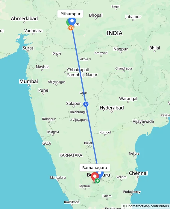 Route map showing distance and travel time from Pithampur, India to Ramanagara, India