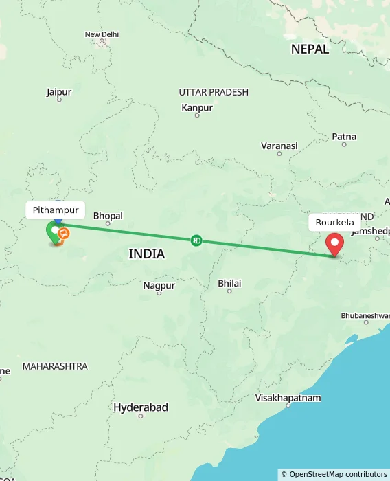 Route map showing distance and travel time from Pithampur, India to Rourkela, India