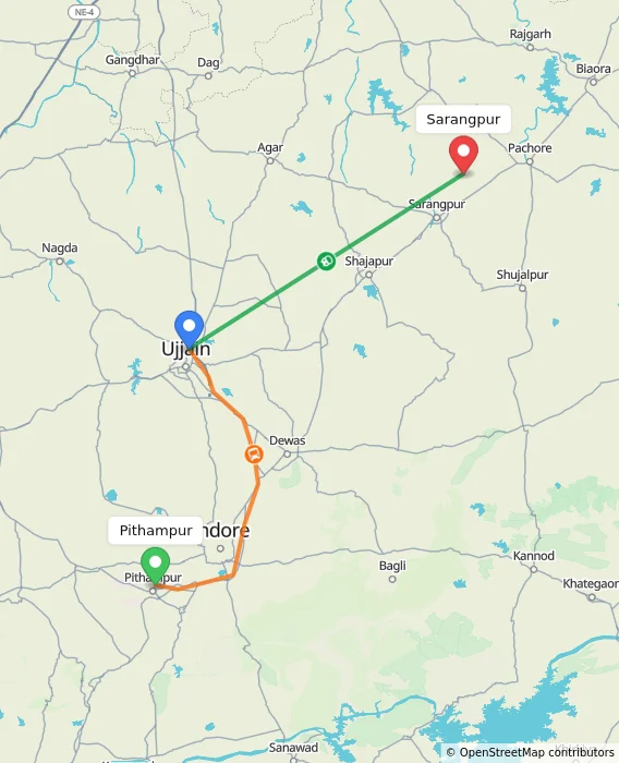 Route map showing distance and travel time from Pithampur, India to Sarangpur, India