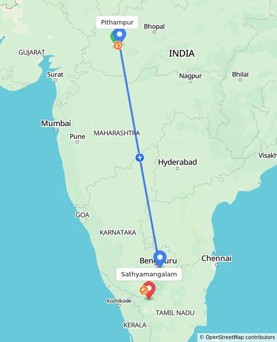 Route map showing distance and travel time from Pithampur, India to Sathyamangalam, India