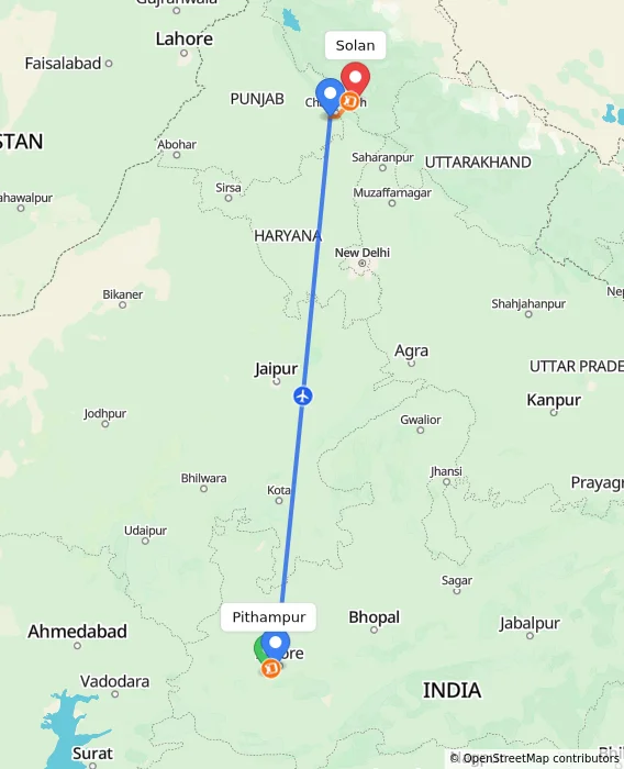 Route map showing distance and travel time from Pithampur, India to Solan, India