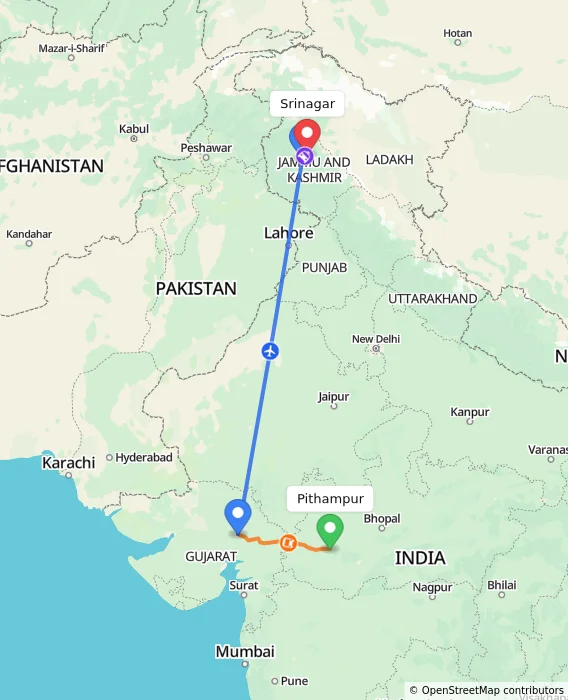 Route map showing distance and travel time from Pithampur, India to Srinagar, India