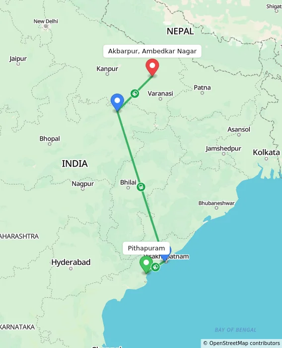 Route map showing distance and travel time from Pithapuram, India to Akbarpur, Ambedkar Nagar, India