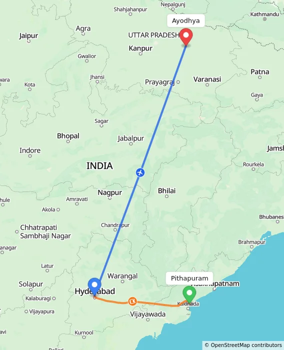 Route map showing distance and travel time from Pithapuram, India to Ayodhya, India