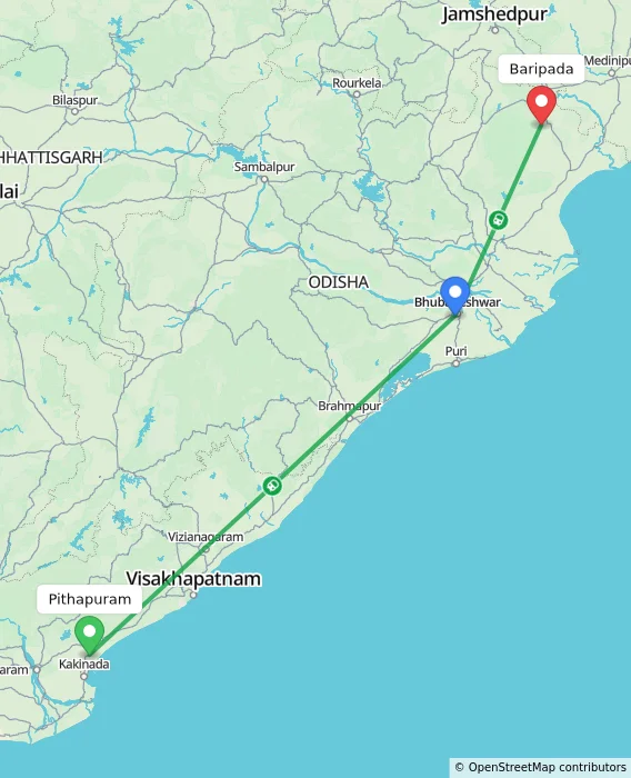 Route map showing distance and travel time from Pithapuram, India to Baripada, India
