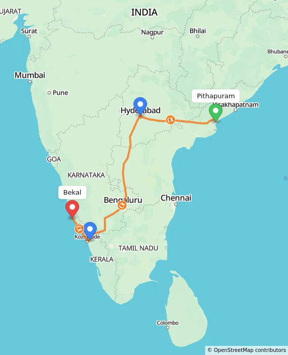 Route map showing distance and travel time from Pithapuram, India to Bekal, India