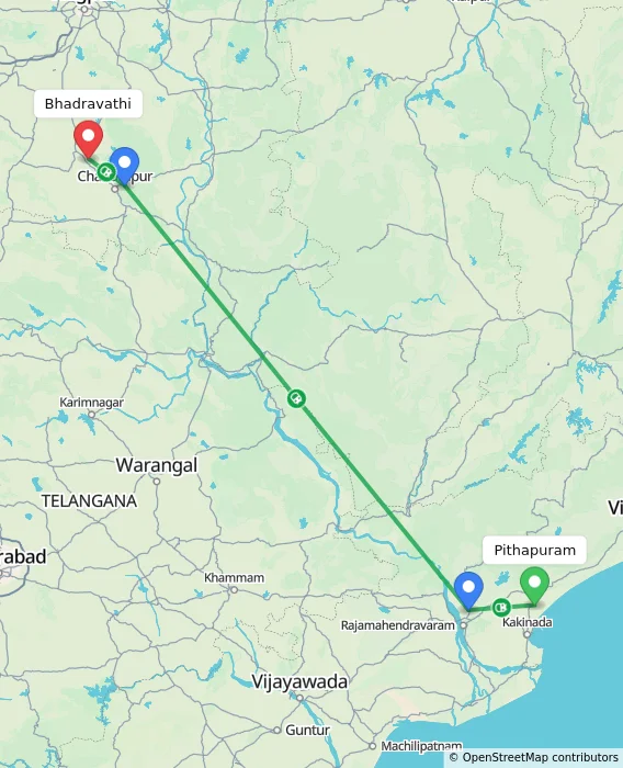Route map showing distance and travel time from Pithapuram, India to Bhadravathi, India
