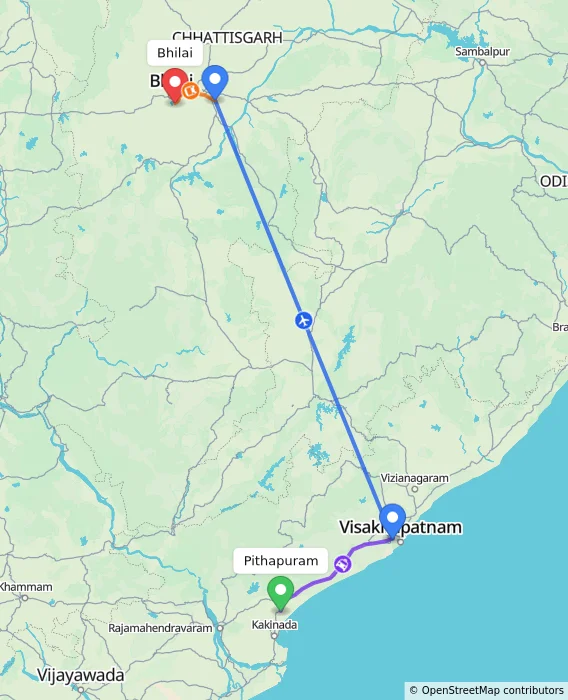 Route map showing distance and travel time from Pithapuram, India to Bhilai, India