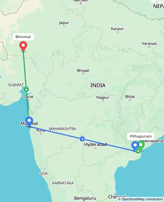 Route map showing distance and travel time from Pithapuram, India to Bhinmal, India