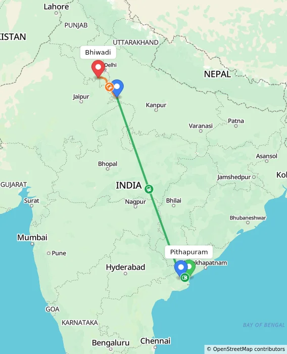 Route map showing distance and travel time from Pithapuram, India to Bhiwadi, India