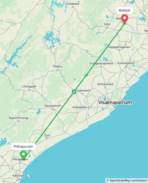 Route map showing distance and travel time from Pithapuram, India to Bobbili, India