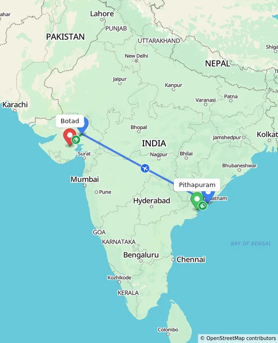 Route map showing distance and travel time from Pithapuram, India to Botad, India