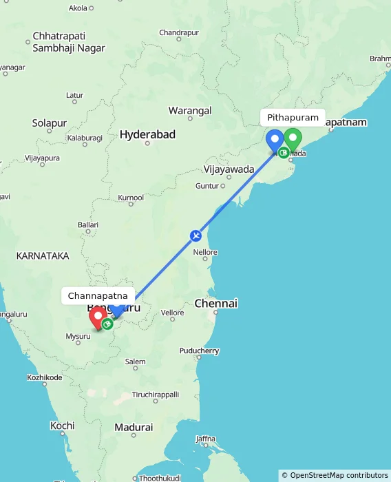 Route map showing distance and travel time from Pithapuram, India to Channapatna, India