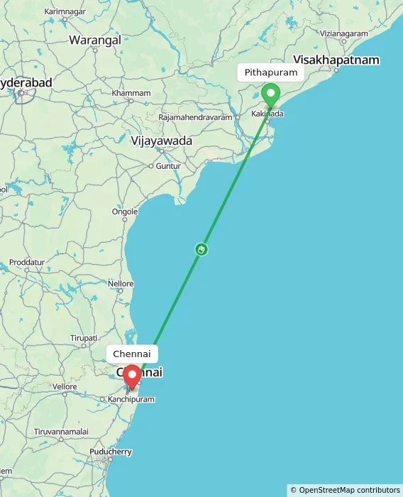 Route map showing distance and travel time from Pithapuram, India to Chennai, India